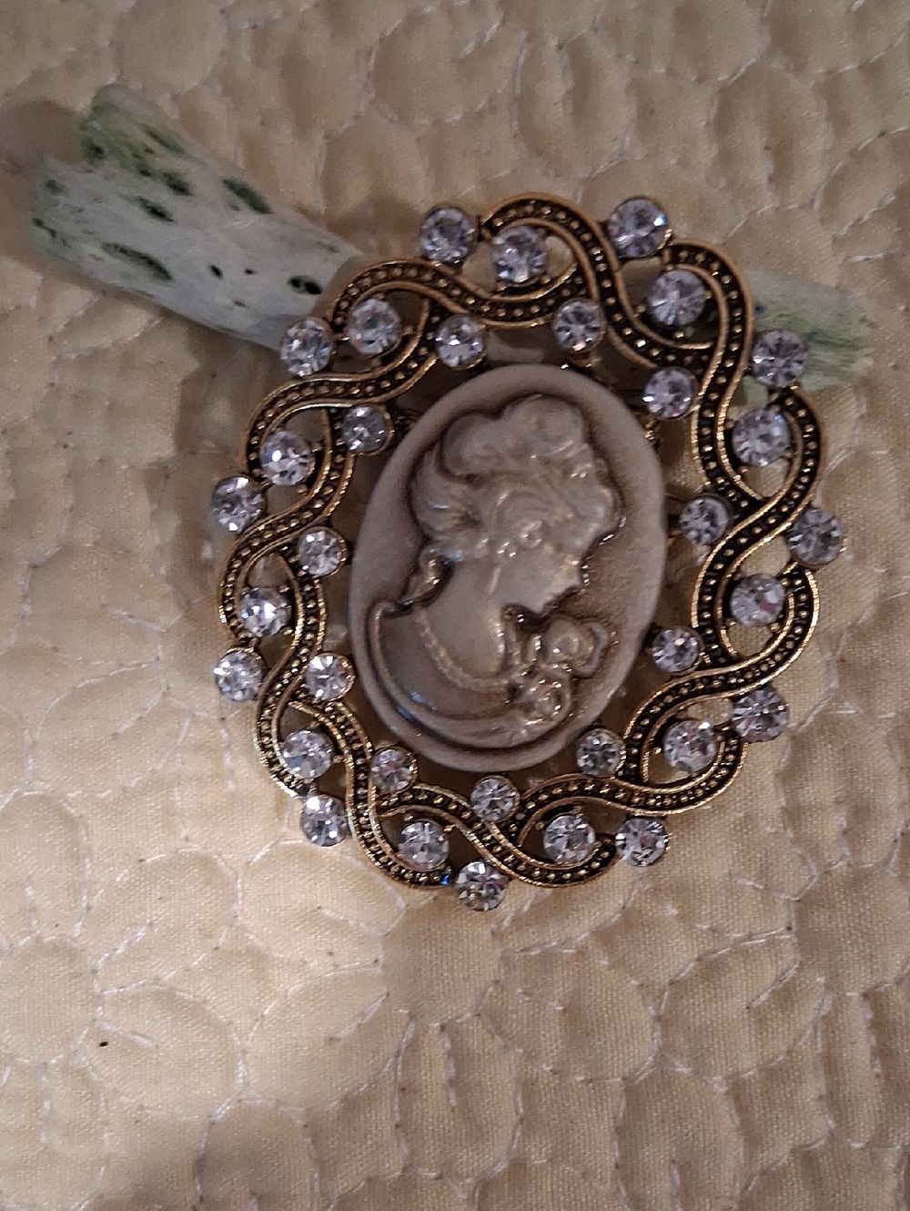 Gold-Tone Cameo Brooch with Clear Crystal Accents - Ivory Cameo